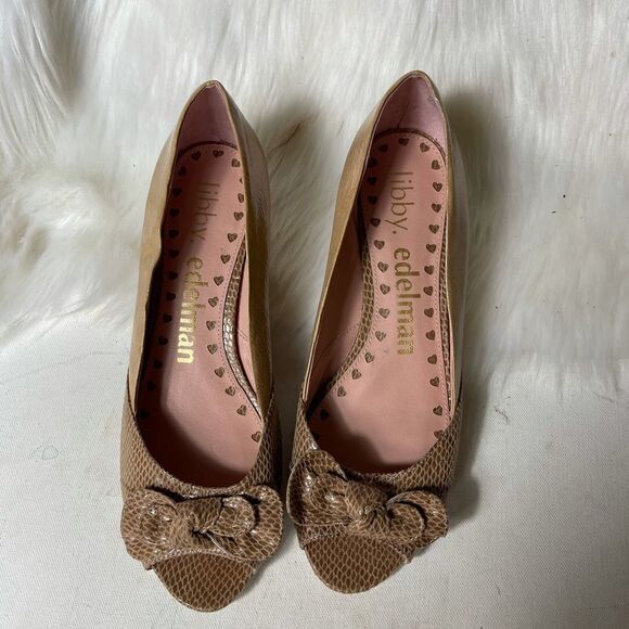 Libby Edelman taupe & brown snake skin print peep toe toe wedge shoes size 8.5 - Picture 1 of 8